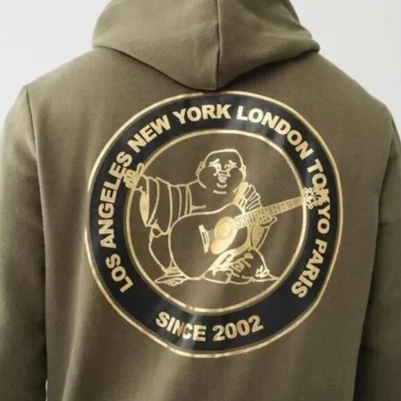 True Religion City Buddha Zip Men's Olive Hoodie with Gold Graphic M - Picture 1 of 8